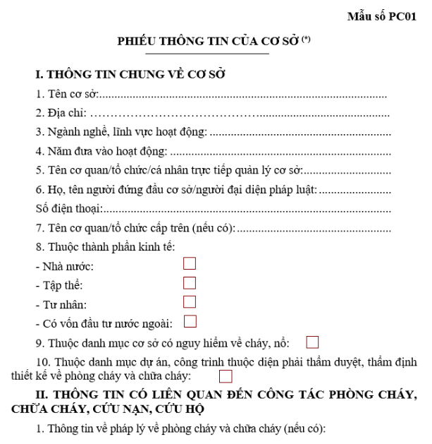 Mẫu Phiếu Thông Tin Cơ Sở Về Phòng Cháy Chữa Cháy Đầy Đủ Và Chuẩn Xác